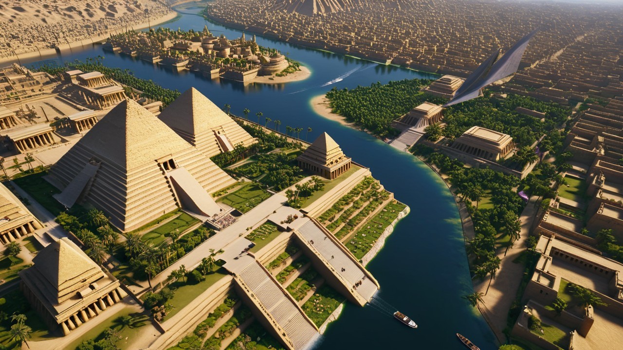 Aerial View of an Ancient Egyptian City with Pyramids
