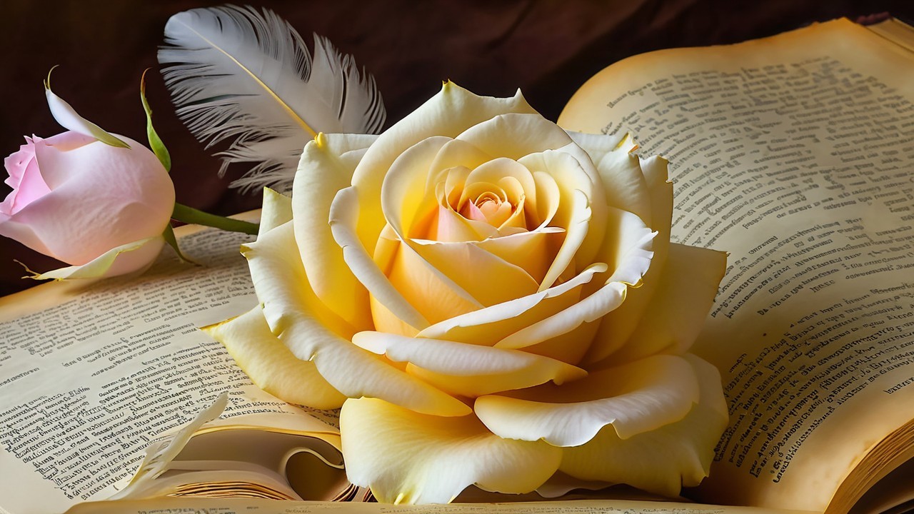 Creamy Yellow Rose on Aged Book Pages with Feather