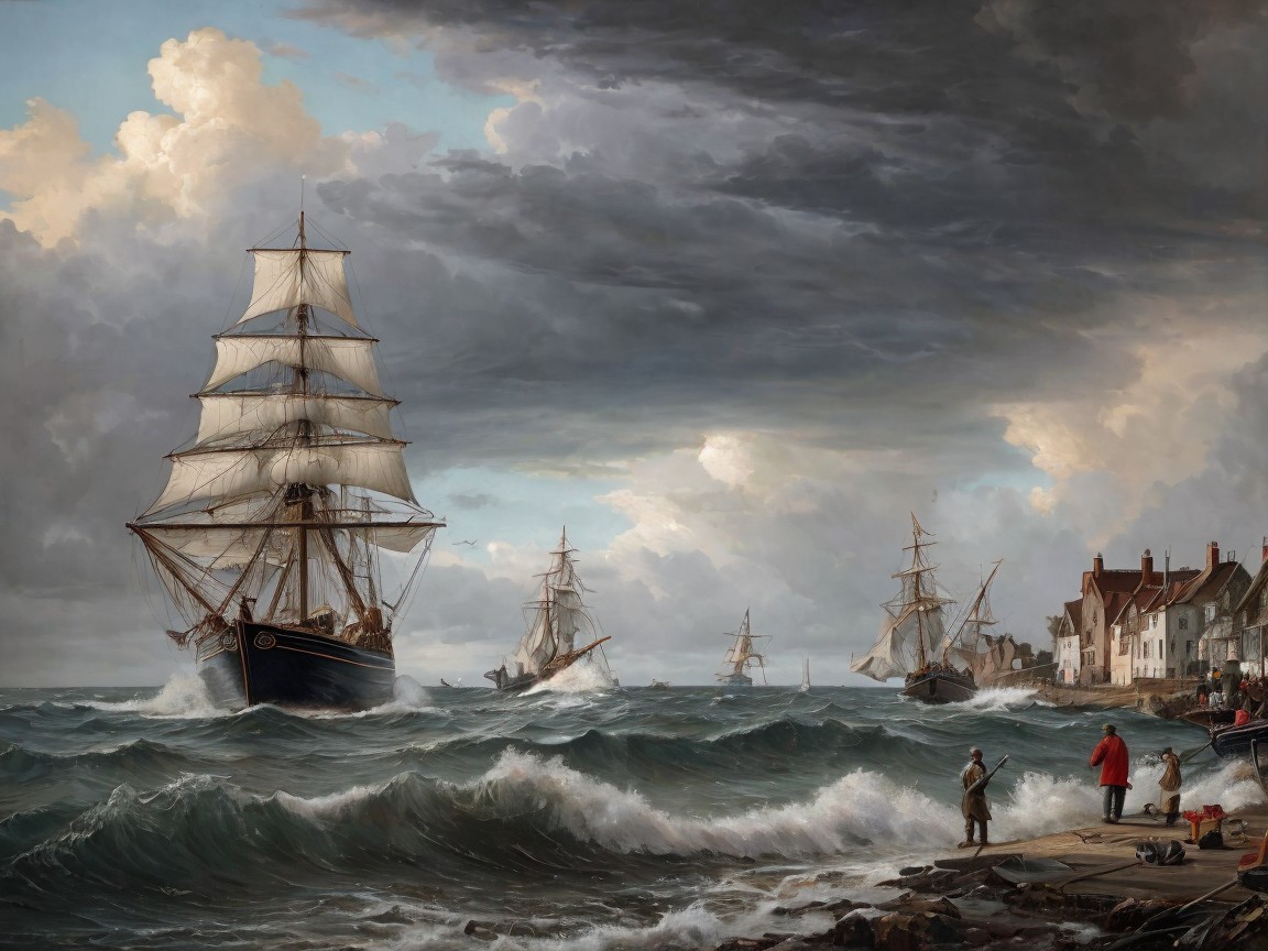 Dramatic Seascape with Tall Ships and Turbulent Waters