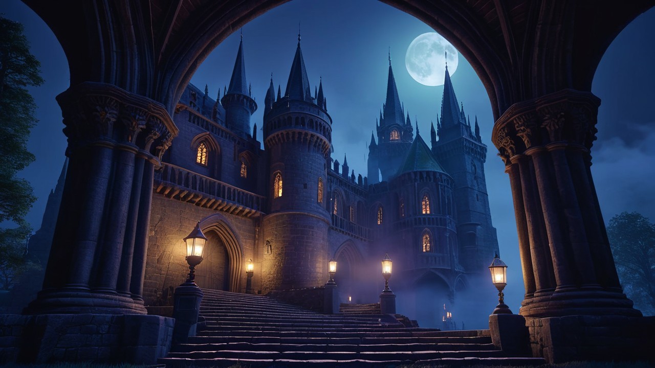 Gothic Castle Under Full Moon with Misty Atmosphere