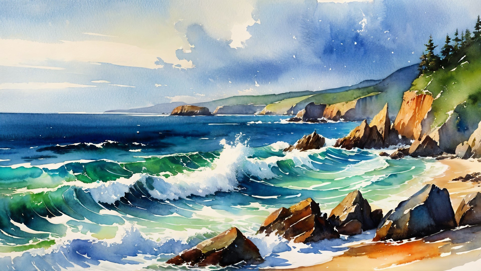 Vibrant Watercolor Coastal Landscape with Cliffs and Waves