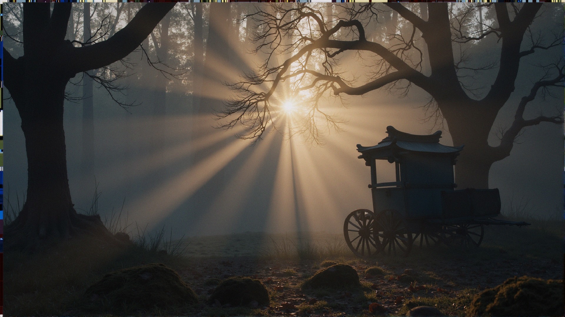 Misty Forest Morning with Sunlight and Old Cart
