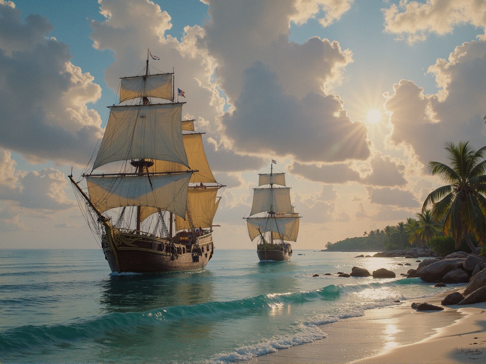 Majestic sailing ships in a tropical beach setting
