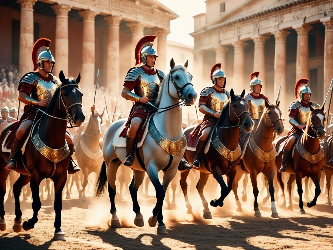 Cavalry Unit Advances Through Ancient City Landscape
