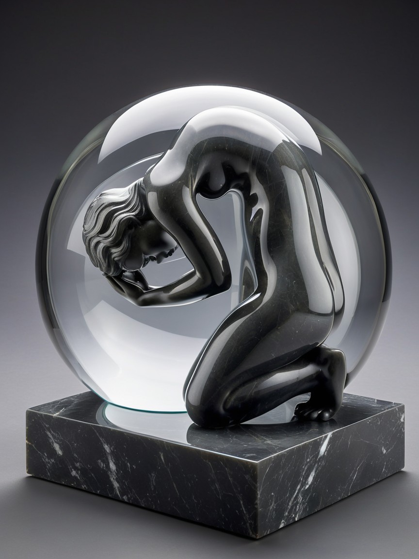 Kneeling Figure in Glass Orb with Dark Marble Base