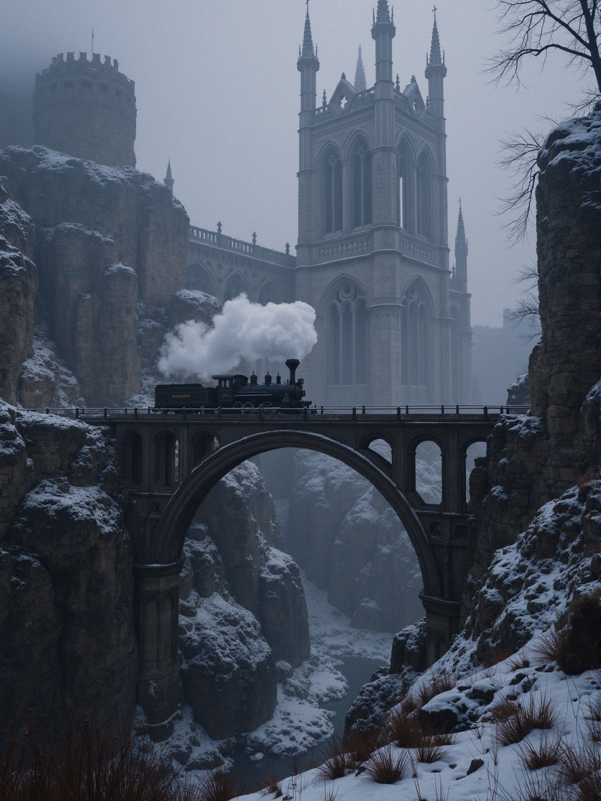 Vintage steam train crossing a stone bridge in winter