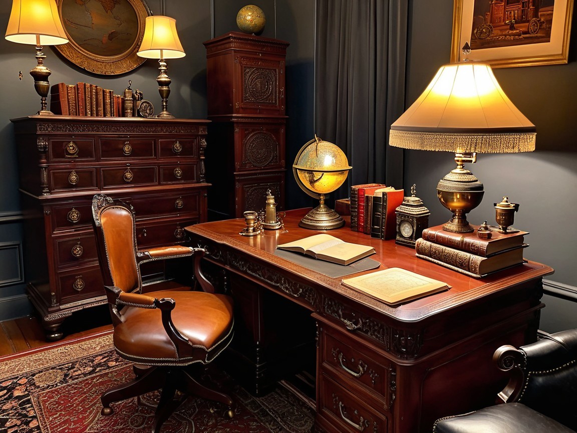 Classic Wooden Desk with Antique Books and Globe