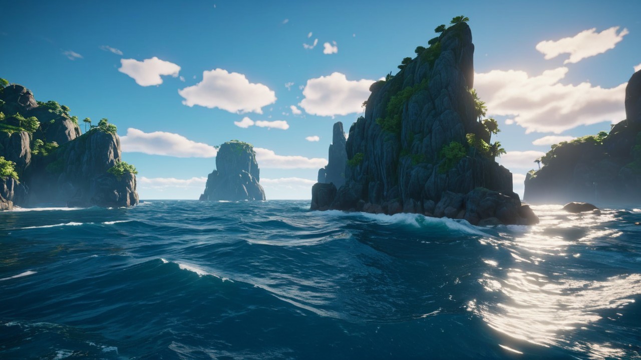 Tranquil Seascape with Rocky Islands and Lush Foliage