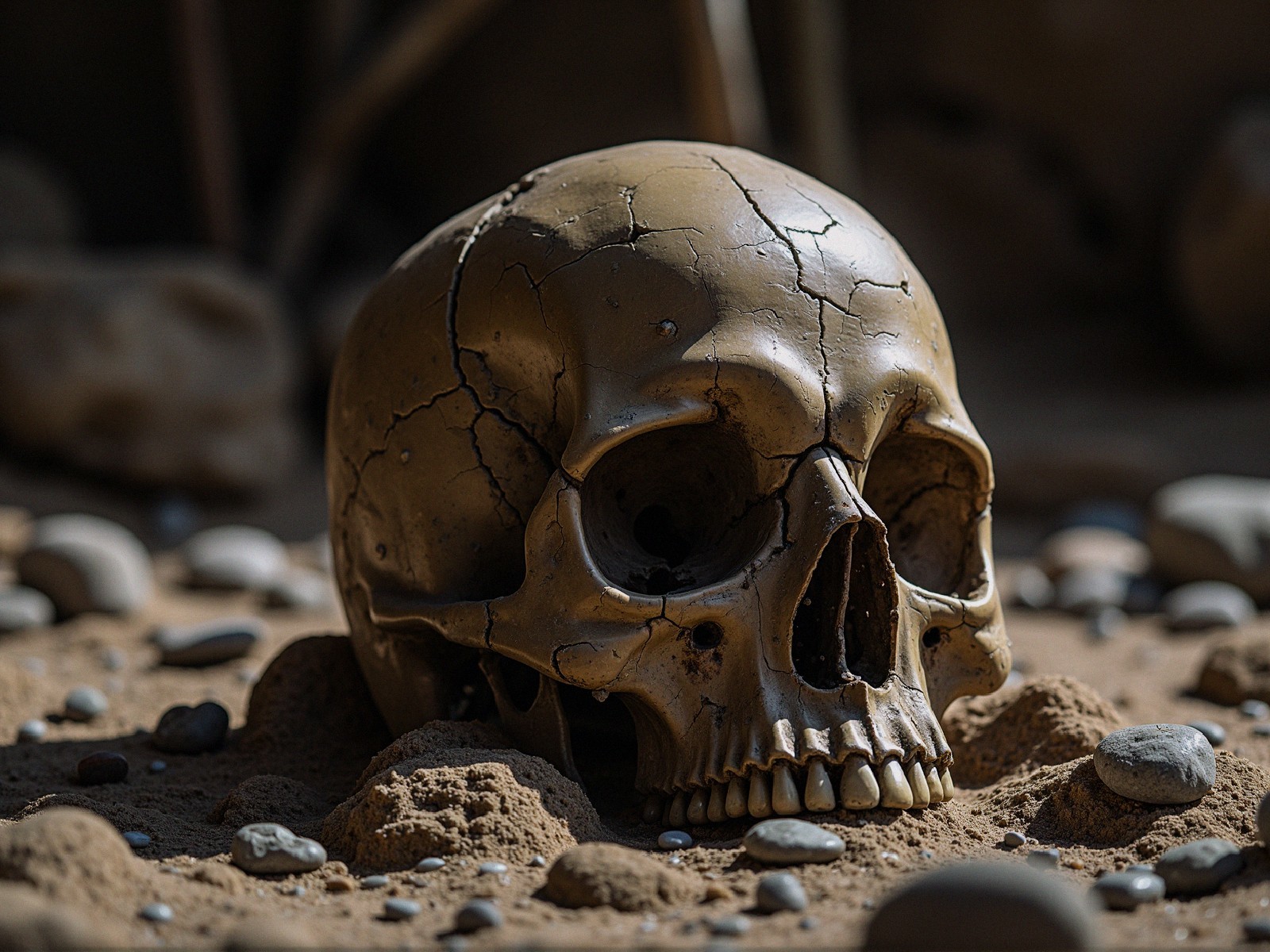 Weathered Golden Skull on Sandy Ground with Pebbles