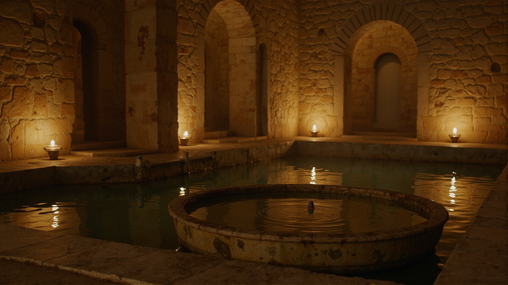 Ancient Bathing Room with Fountain and Candlelight