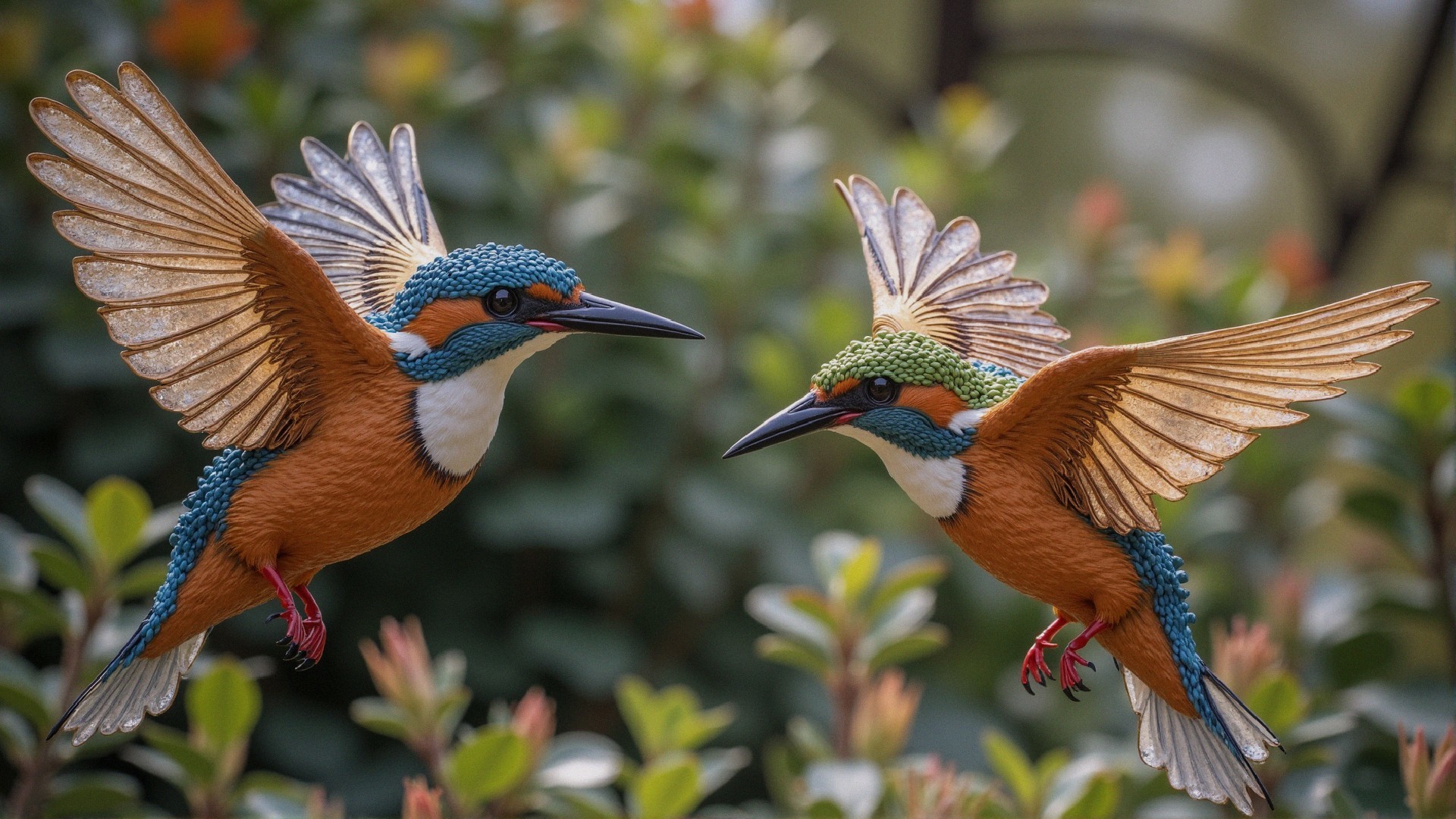 Vivid Kingfishers in Flight with Lush Greenery Background