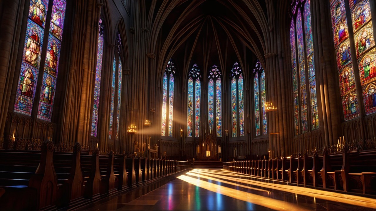 Interior Features of a Grand Cathedral with Stained Glass