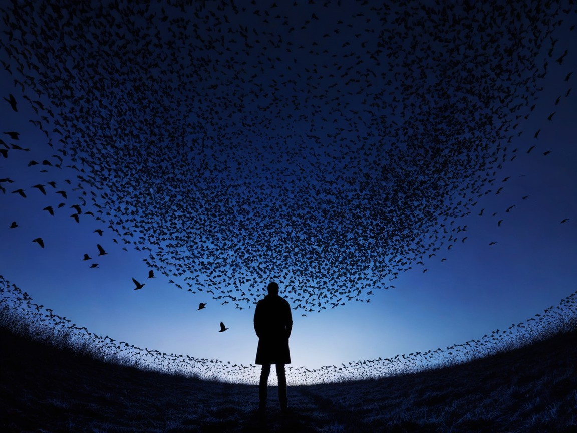 Silhouette Against Twilight Sky with Flocks of Birds