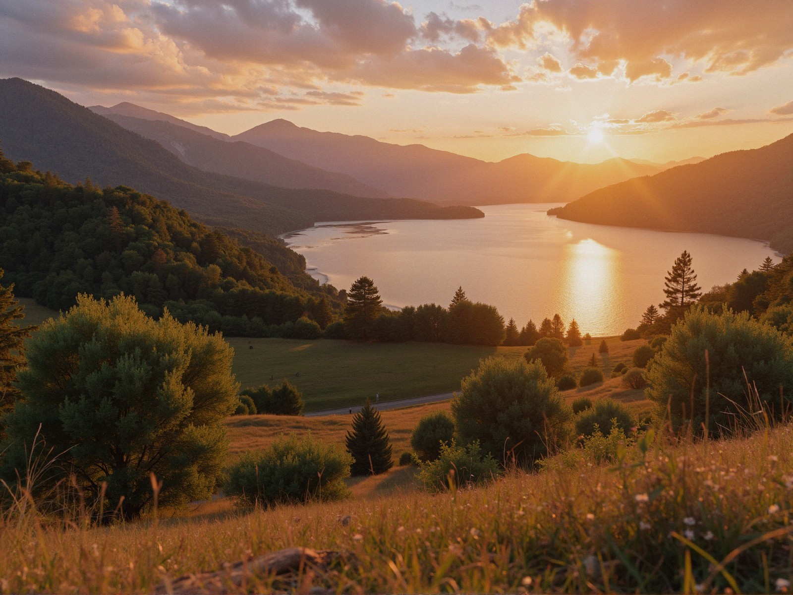 Tranquil Sunset Landscape with Lake and Hills