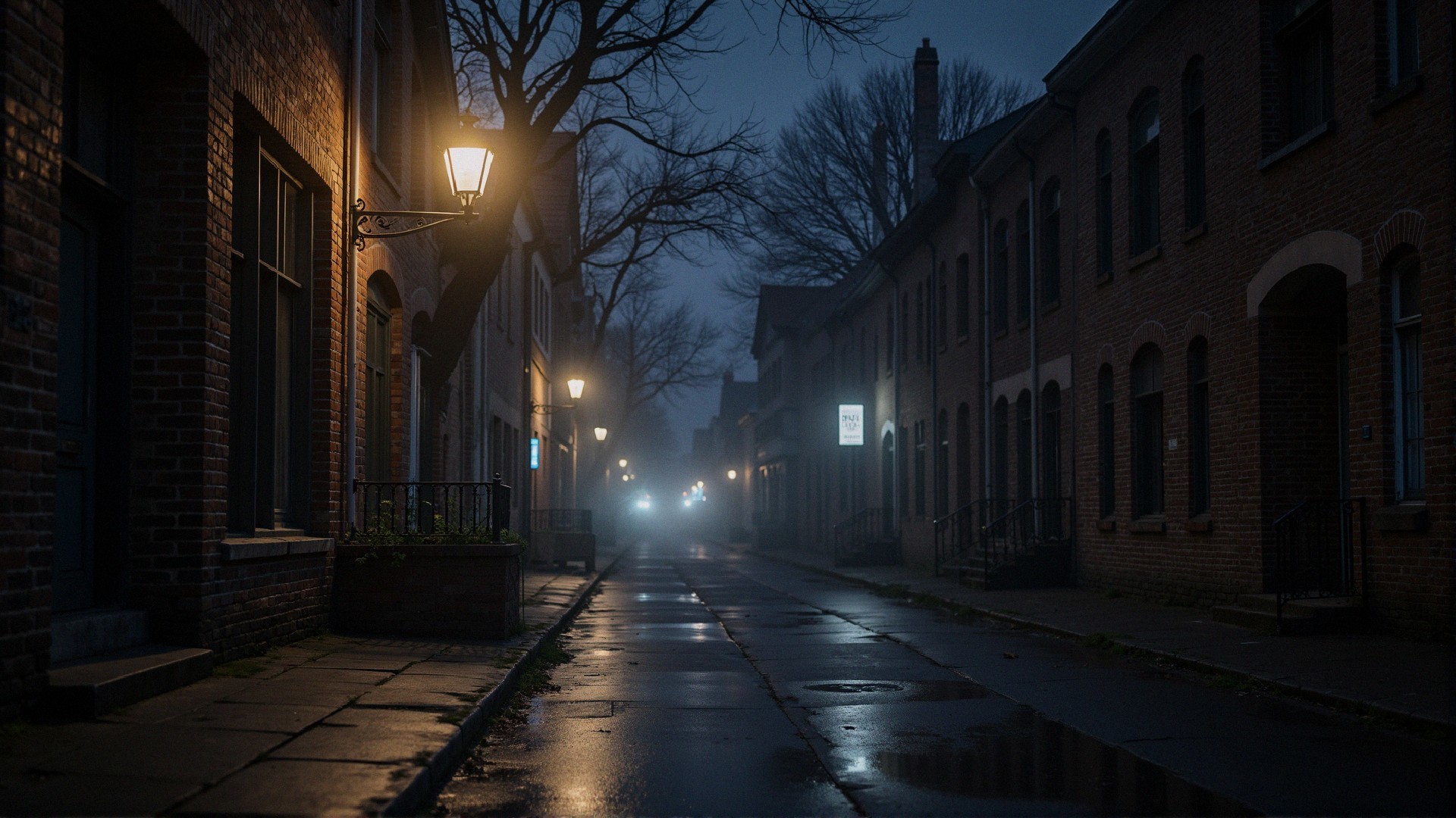 Quiet Night Street with Old Brick Buildings and Fog