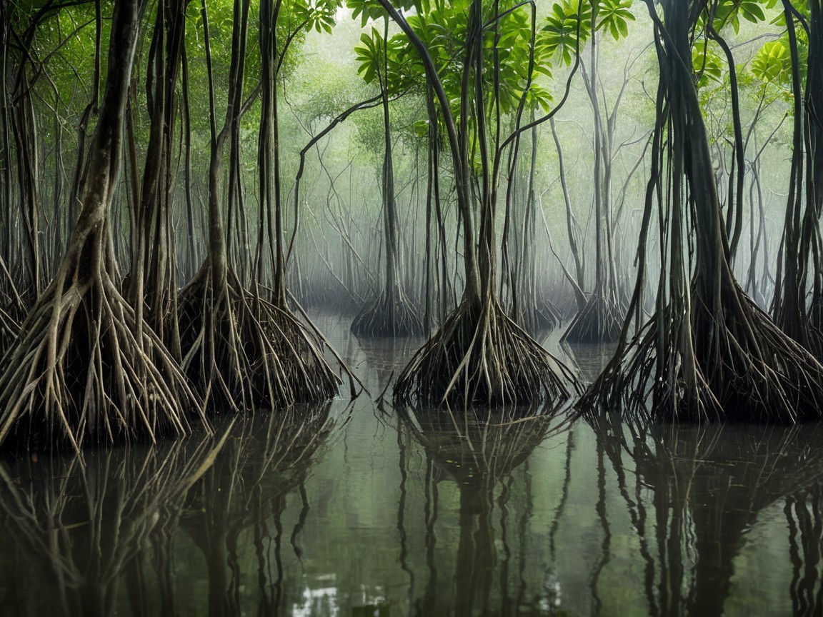 Serene mangrove forest with mist and reflective waters