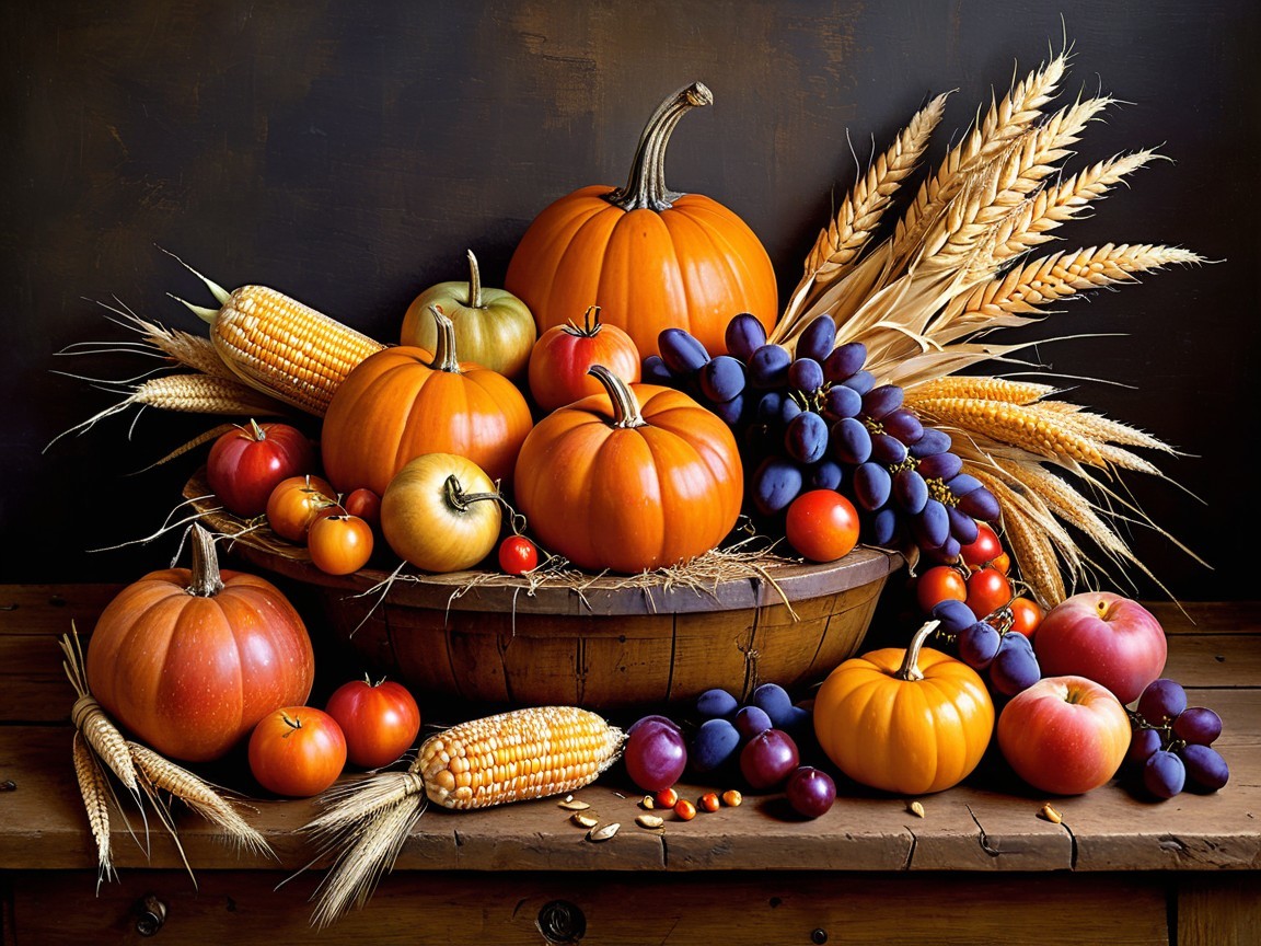 Rustic Wooden Bowl with Autumn Harvest Display