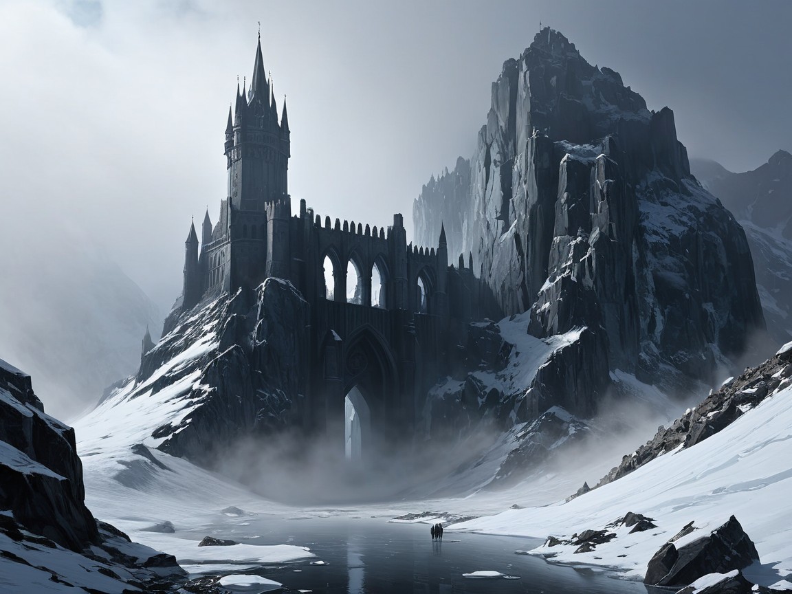 Gothic castle in misty mountains with reflective water