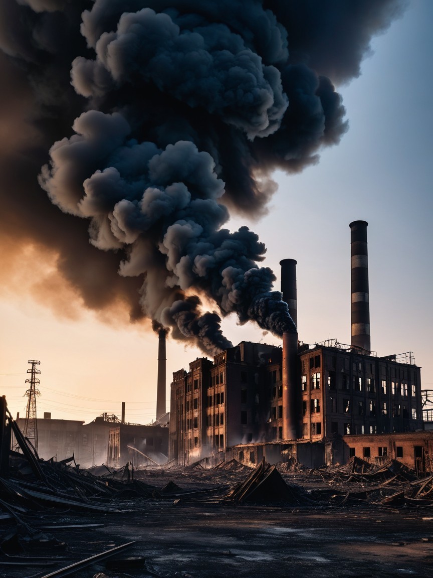 Devastated industrial site with smoke and ruins