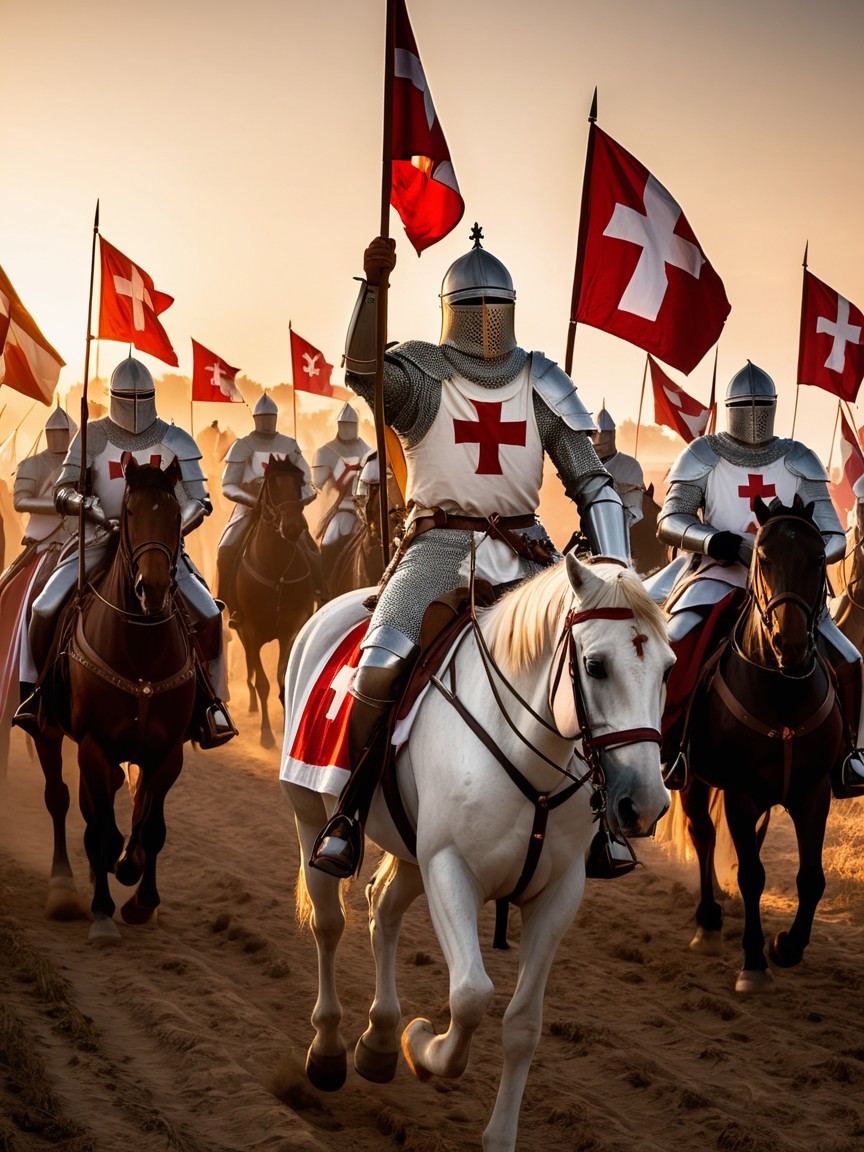 Armored Knights on Horseback with Swiss Flags at Sunset