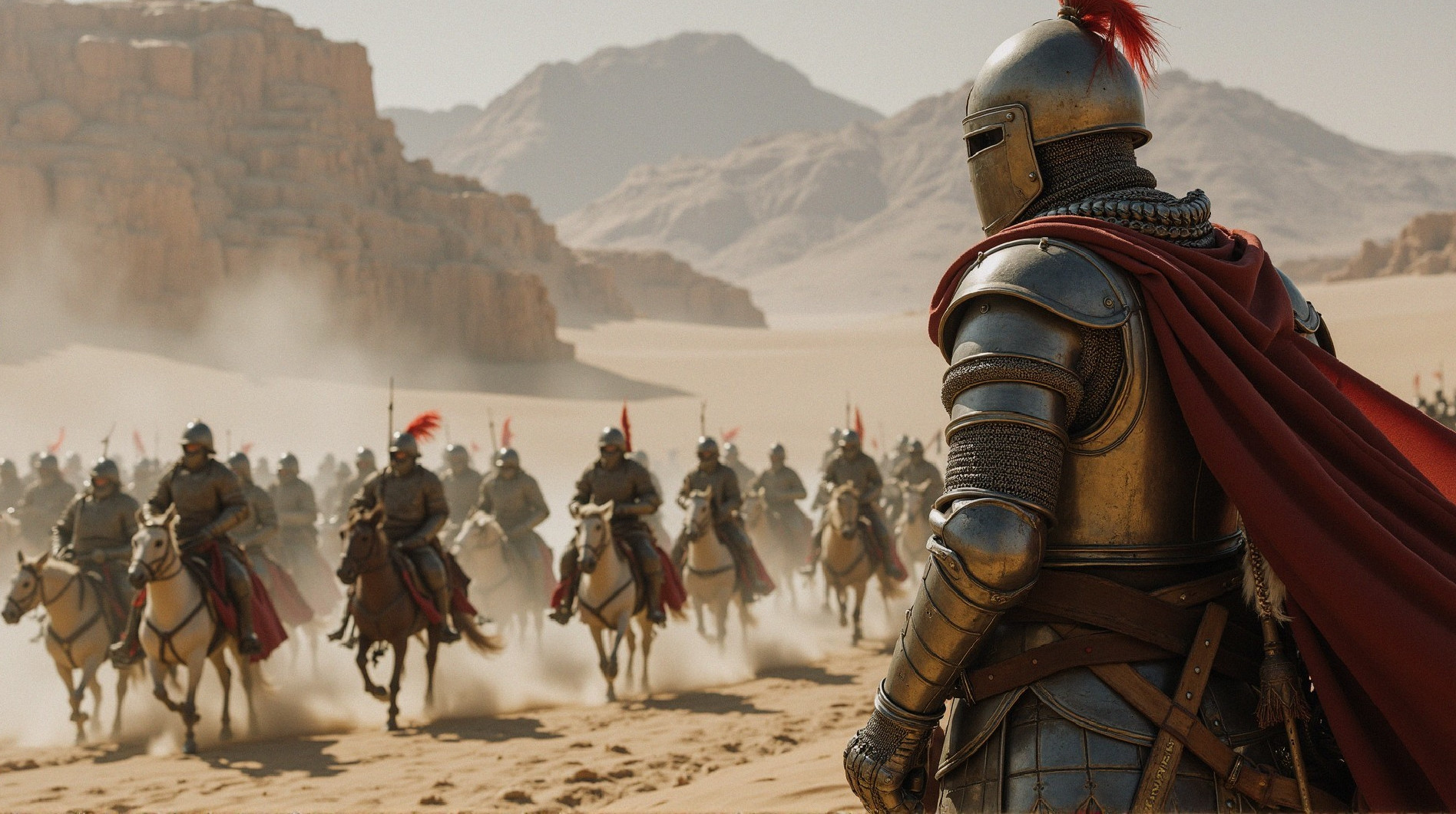 Knight in Armor with Cavalry in Desert Landscape