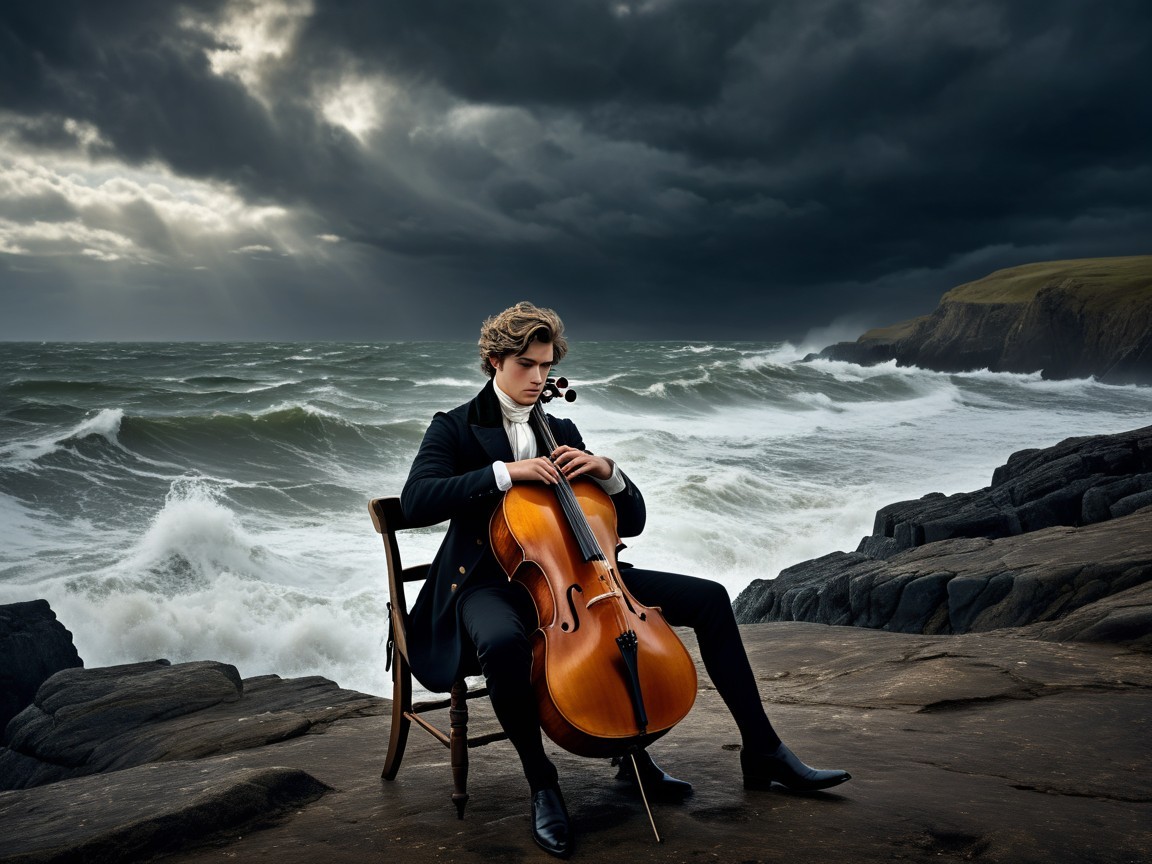 Young cellist performing by rocky seaside with waves