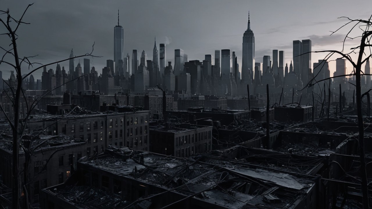 Devastated Urban Landscape with Twilight Skyline