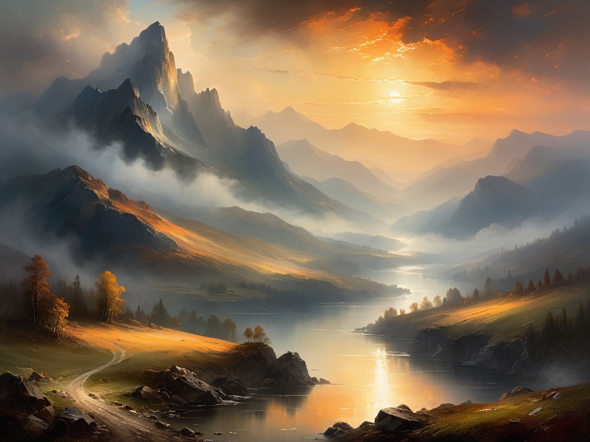 Majestic Mountains and Serene River at Sunset