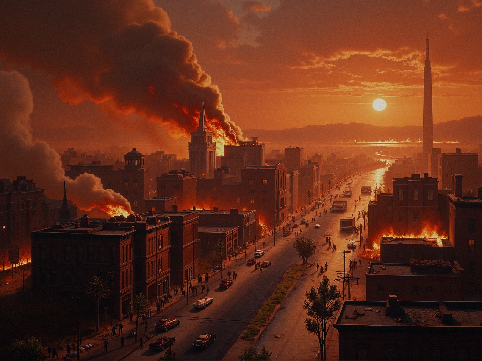 Dramatic Urban Landscape with Flames and Smoke