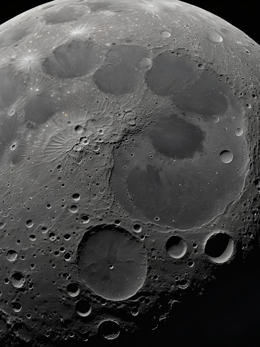 Detailed View of Moon's Surface with Craters and Basins