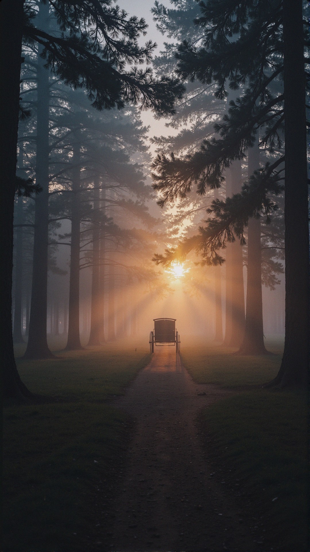 Serene Forest Pathway with Horse-Drawn Carriage