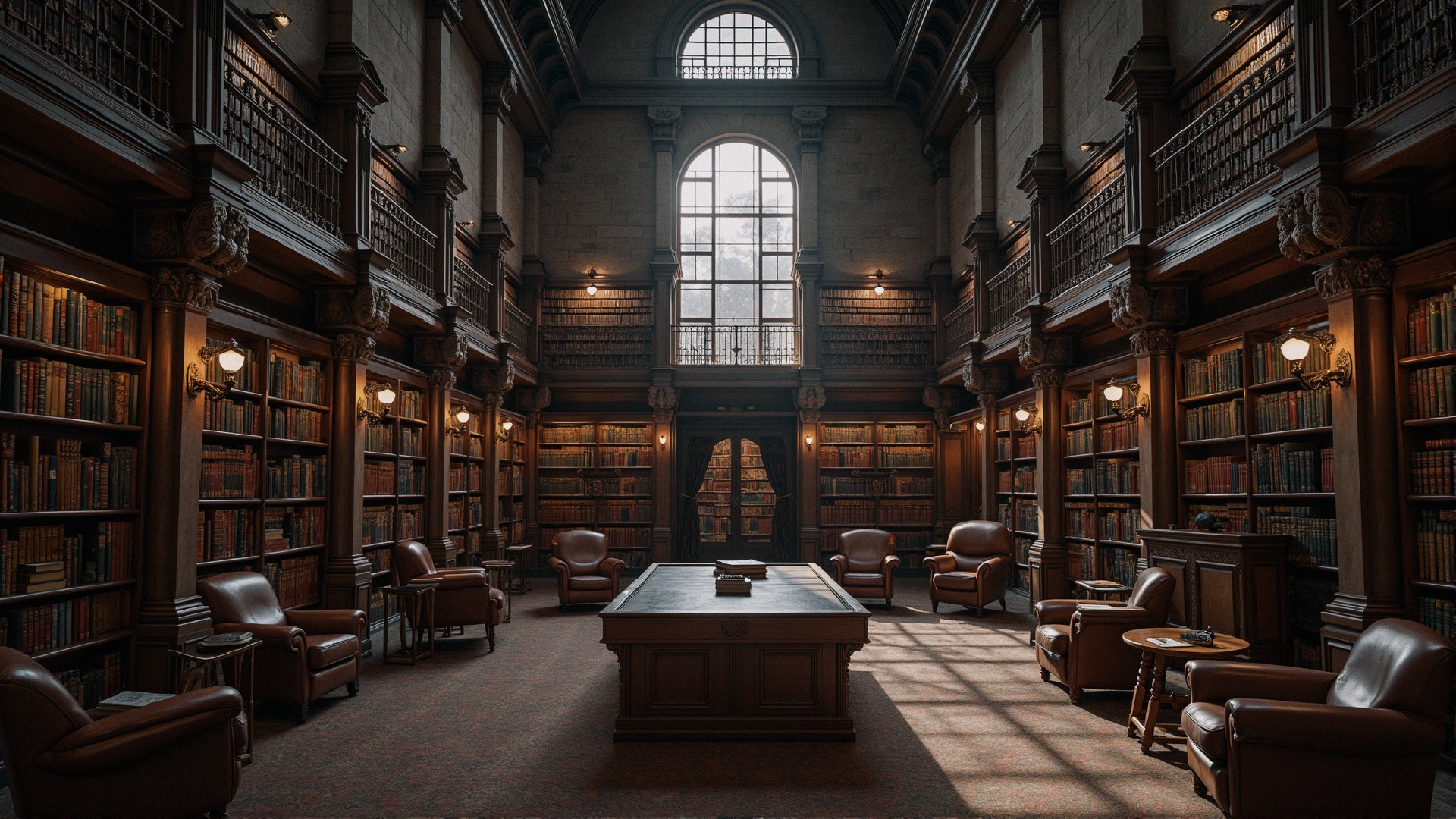 Grand Dimly Lit Library with Wooden Bookshelves