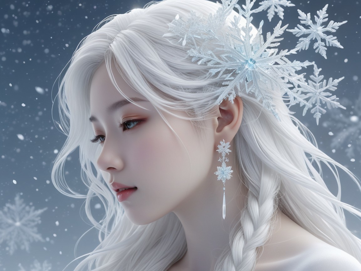 Young Woman with White Hair in Snowy Winter Scene