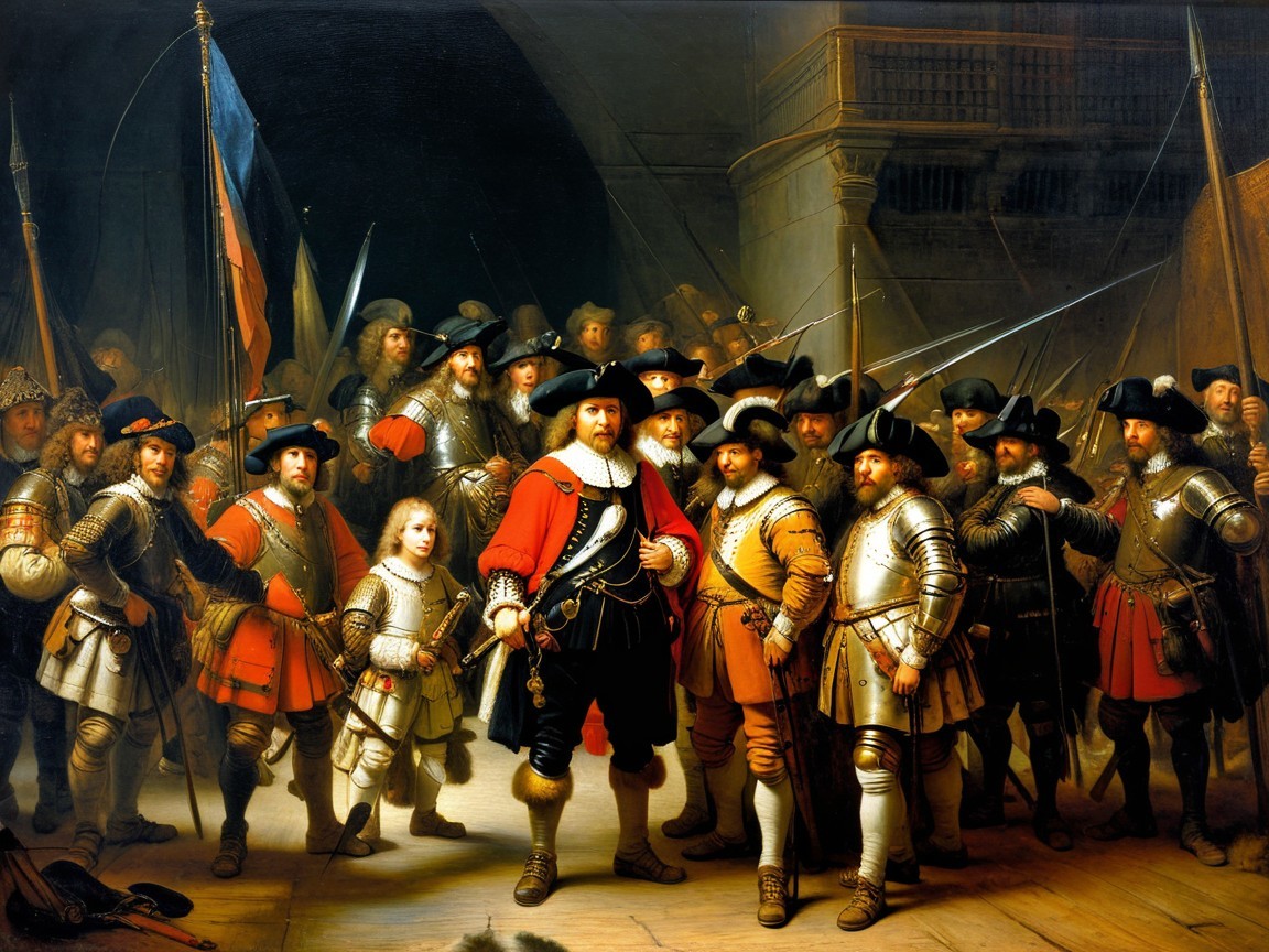 17th-Century Soldiers in Dimly Lit Historical Scene