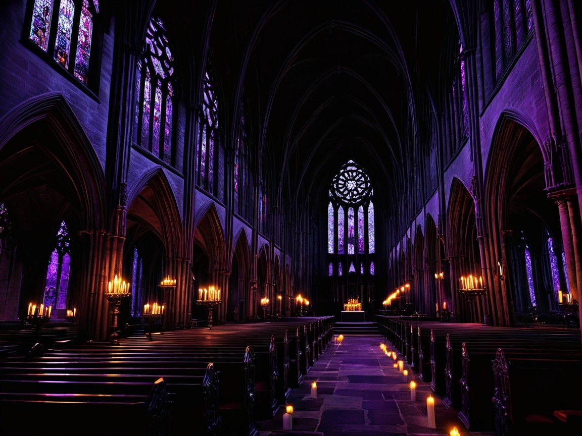 Gothic Cathedral Interior with Stained Glass and Arches