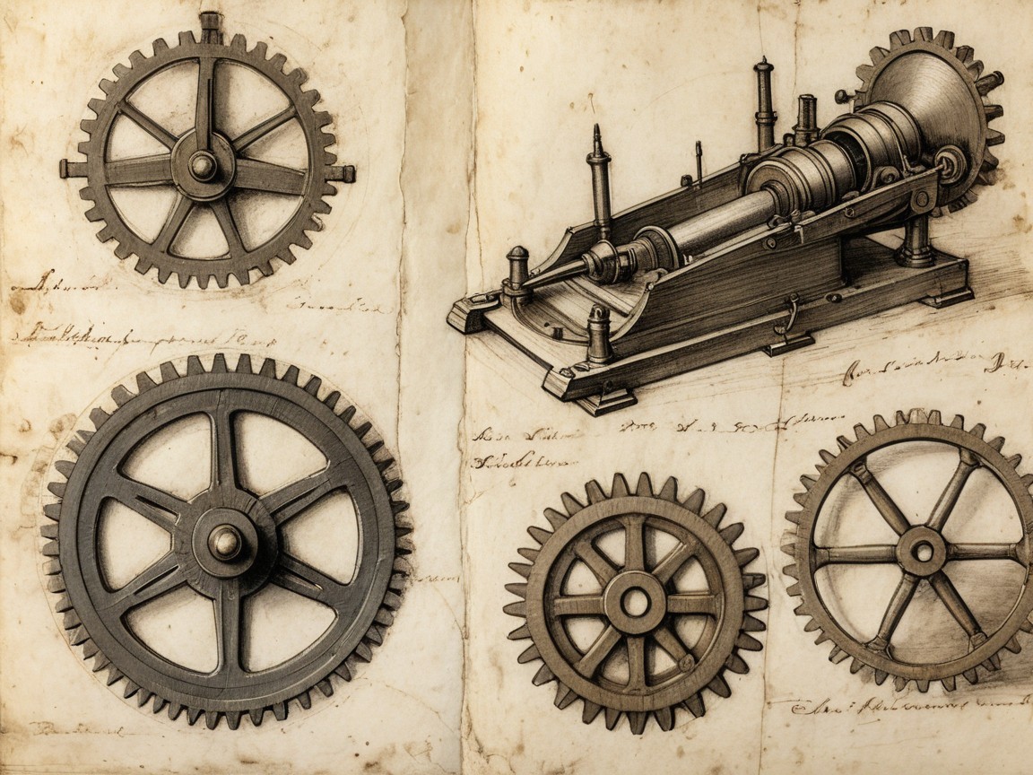 Intricate Drawings of Mechanical Gears and Steam Engine