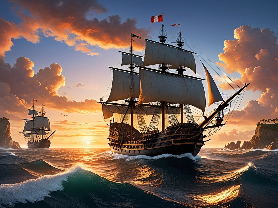 Sailing Ships on Vibrant Ocean at Sunset