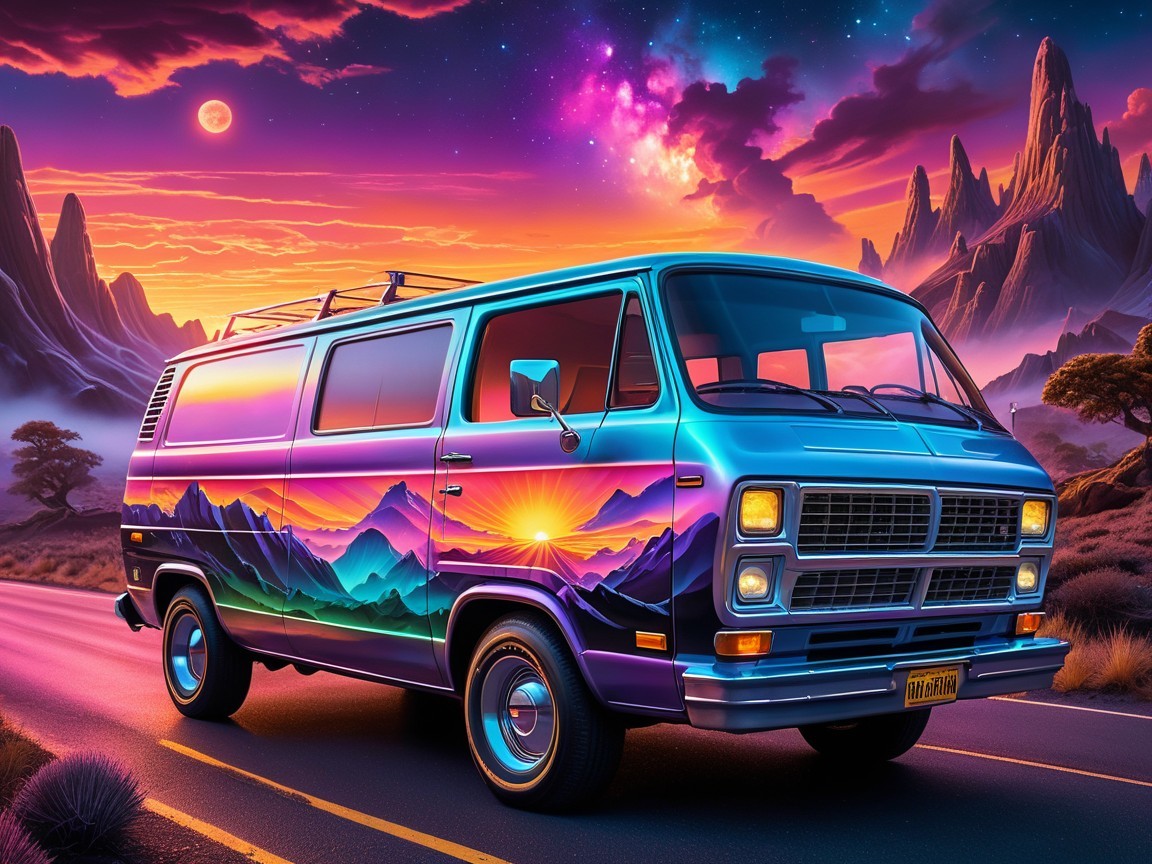 Vibrant Retro Van on Winding Mountain Road