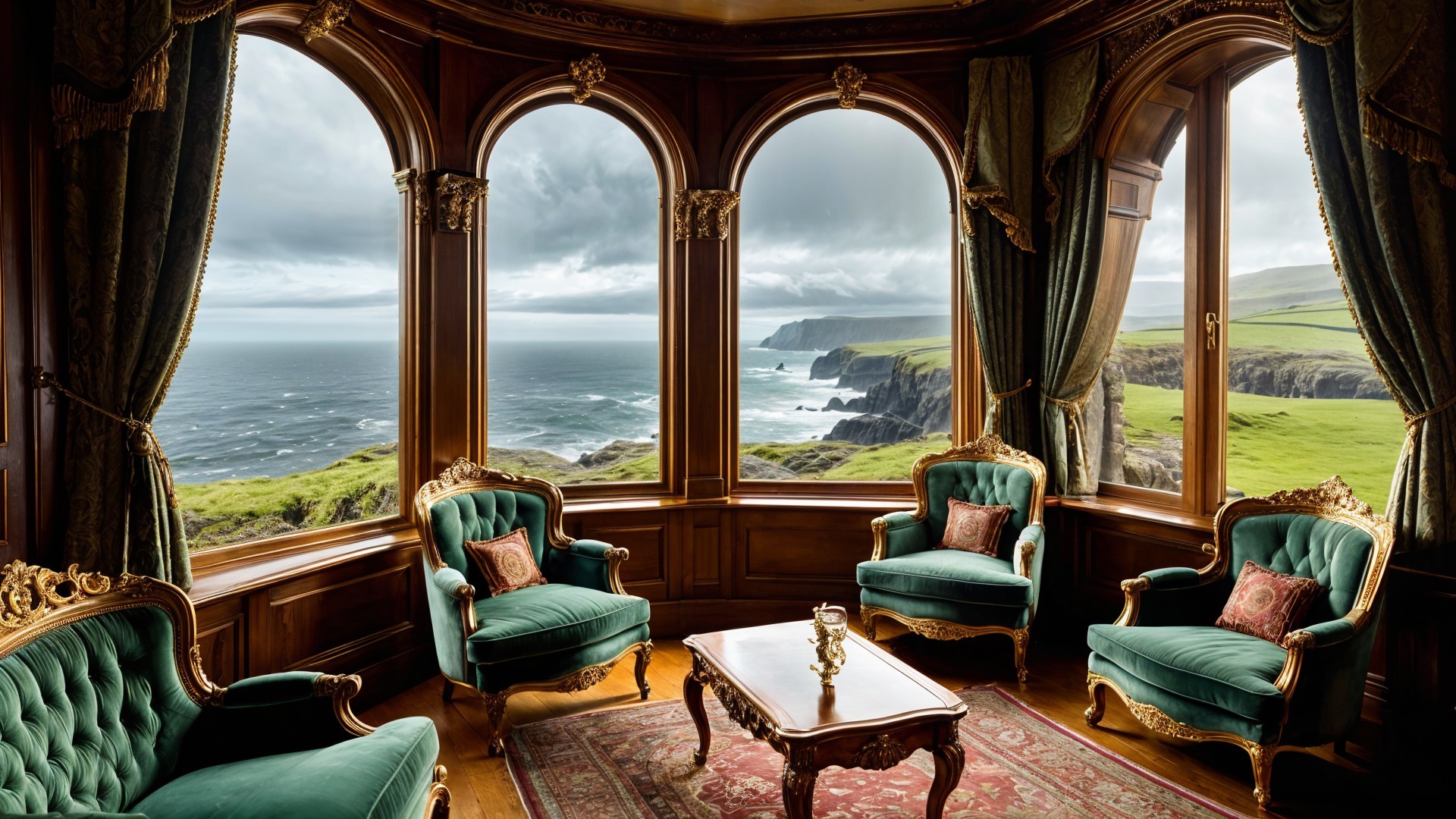 Elegant room with arched windows and ocean view
