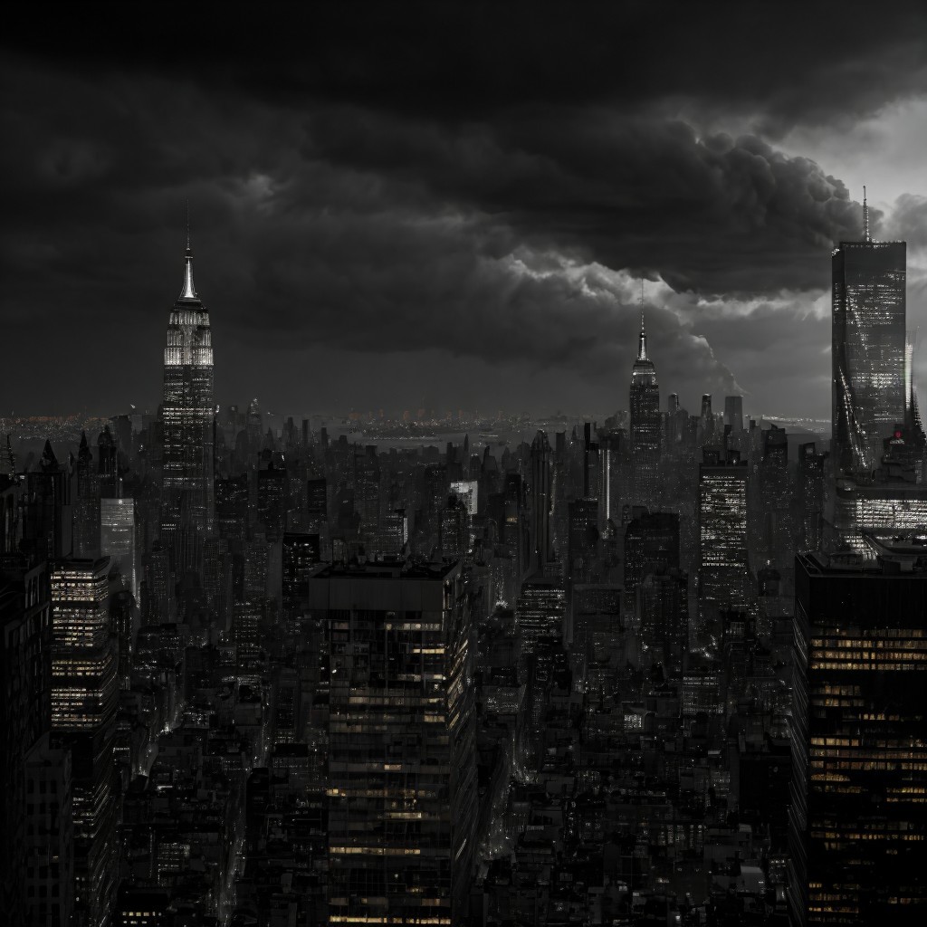 Black-and-White New York City Skyline with Clouds