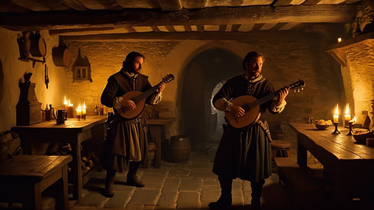 Medieval Tavern Scene with Musicians Playing Lutes