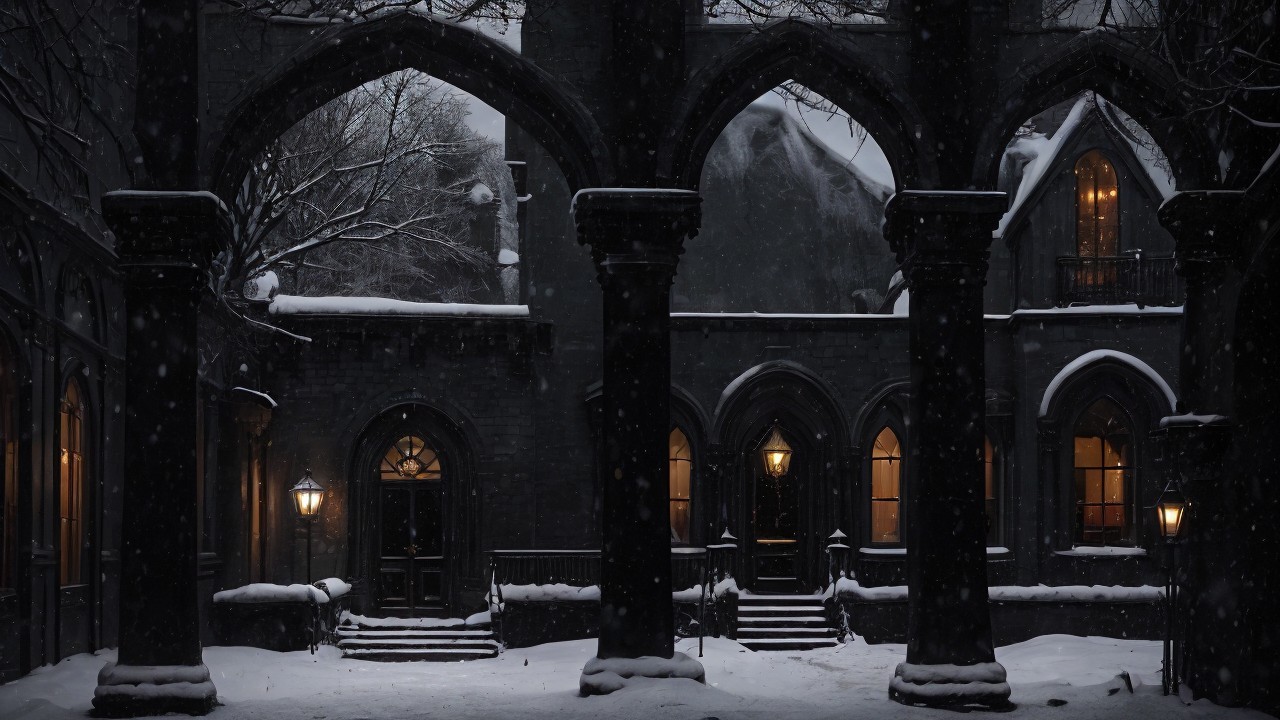 Gothic Courtyard with Snow and Elegant Architecture