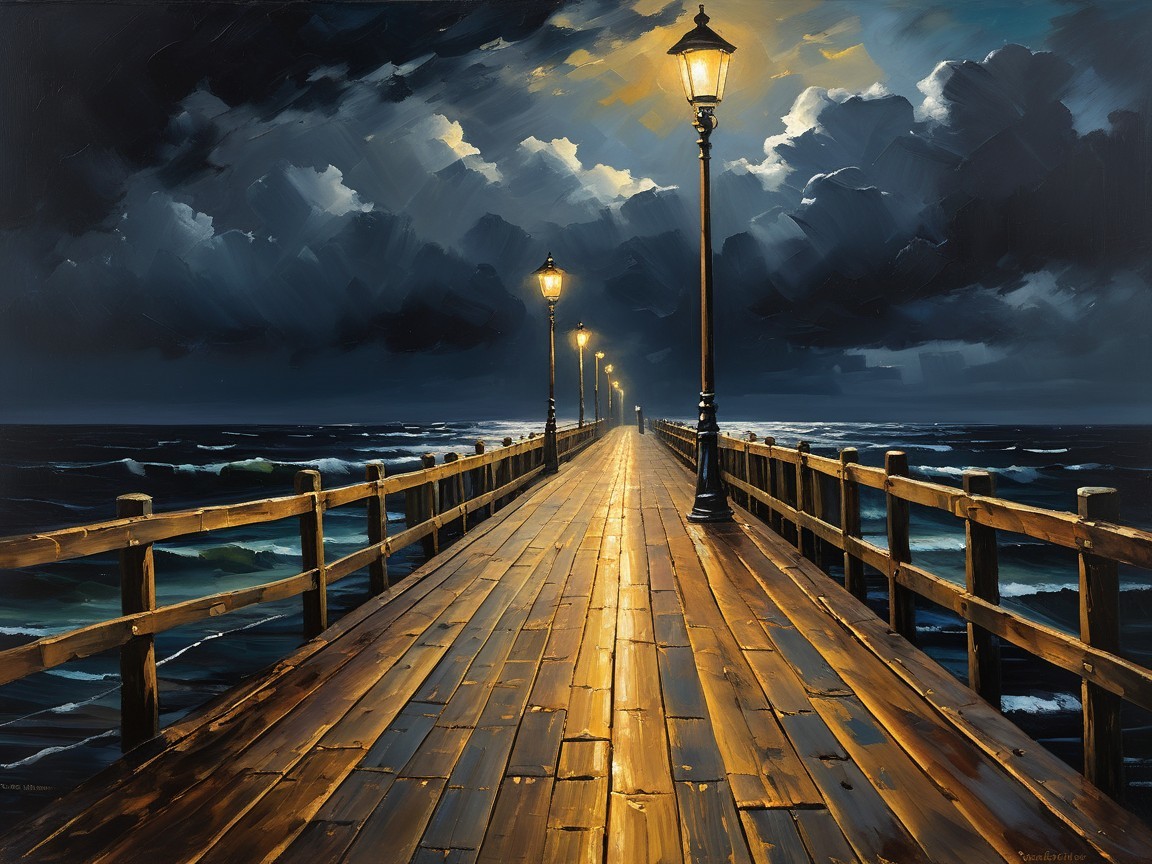 Wooden Pier Overlooking Dark Sea with Dramatic Clouds