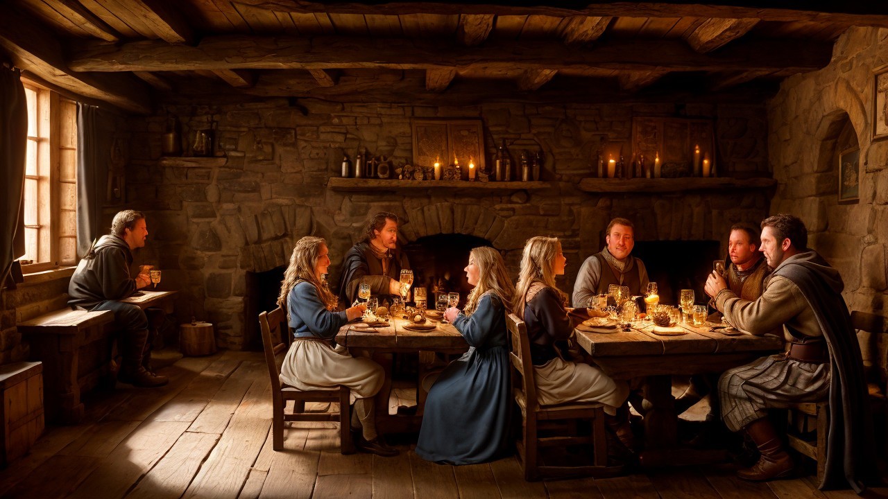 Rustic Banquet Scene with Medieval Figures and Dishes