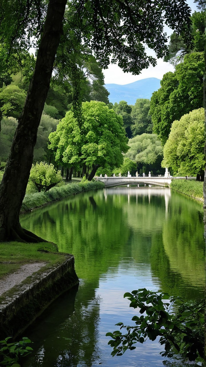 Serene Lake Landscape with Lush Greenery and Bridge