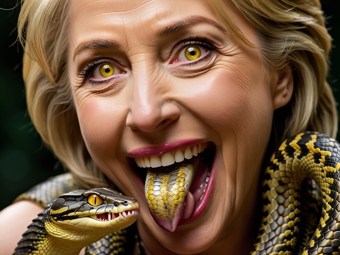 Woman with Yellow Eyes and Snake in Lush Greenery