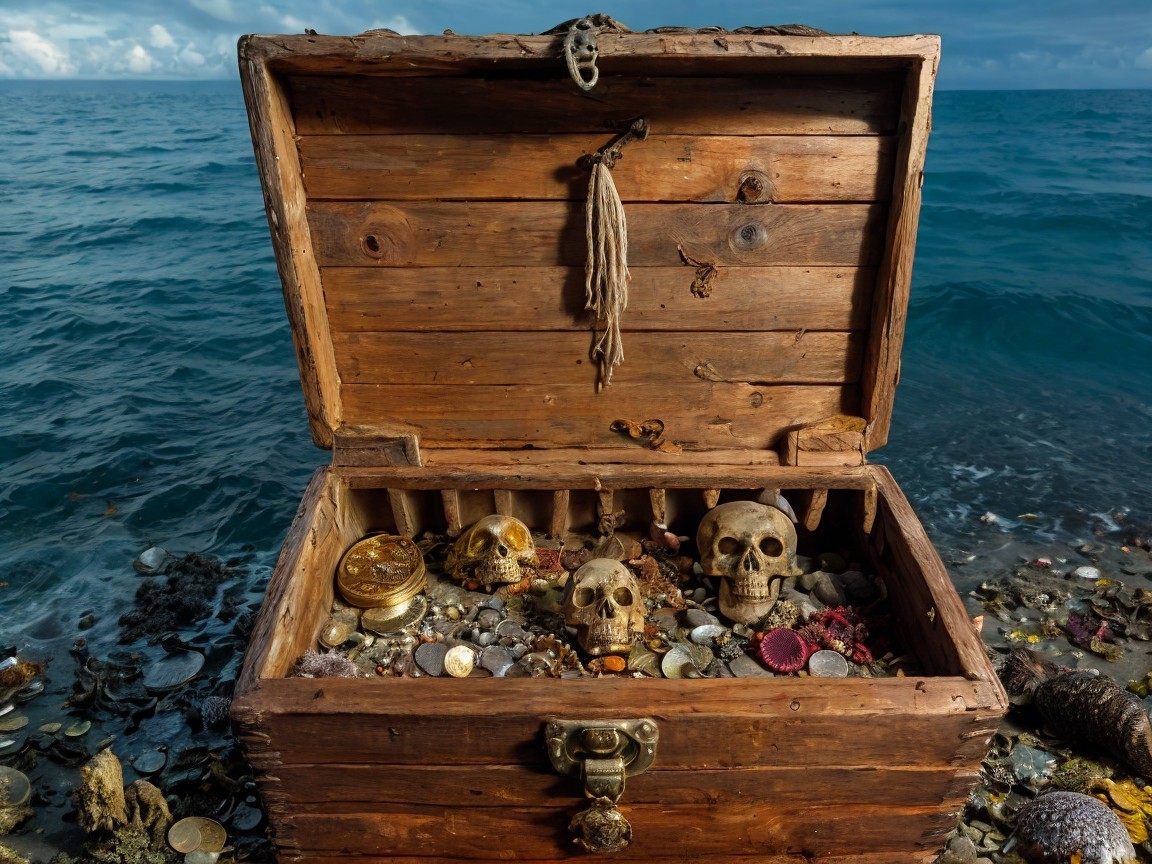 Weathered Treasure Chest with Coins and Skulls by Shore