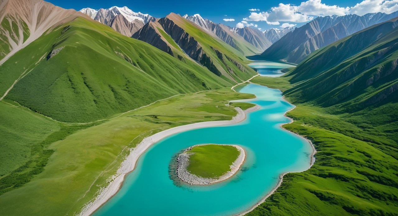 Aerial View of a Winding River in Lush Valleys