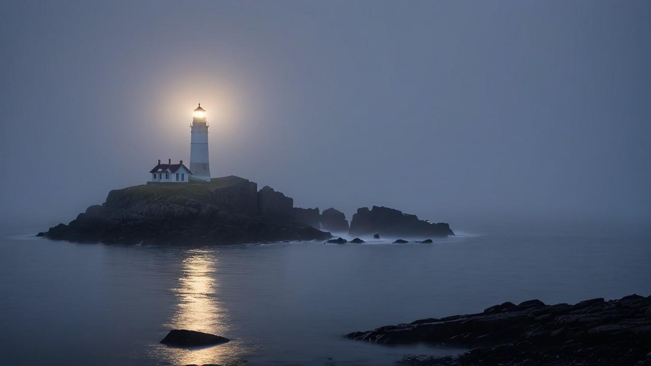 Lighthouse on Rocky Islet in Misty Twilight Scene