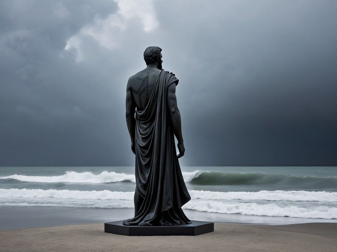 Muscular Black Statue on Beach with Stormy Ocean View